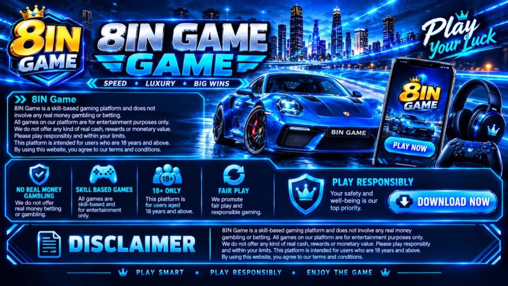 8IN Game 2026 banner featuring a futuristic blue sports car, mobile gaming app, neon city, and modern gaming design
