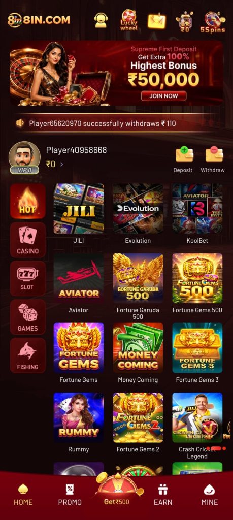 8IN Game app lobby showing casino, slot, fishing, rummy, and multiple online game categories